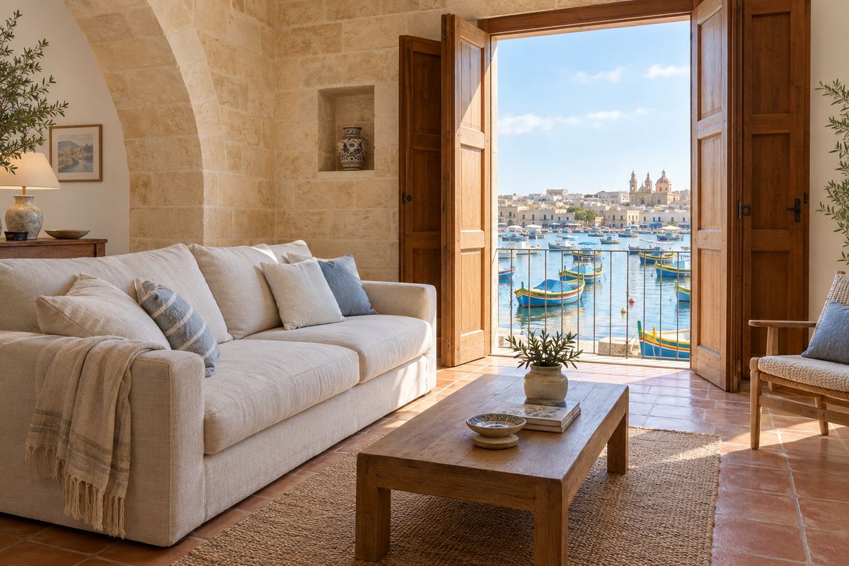 A bright Maltese holiday apartment with a limestone arch and open shutters looking onto a harbour