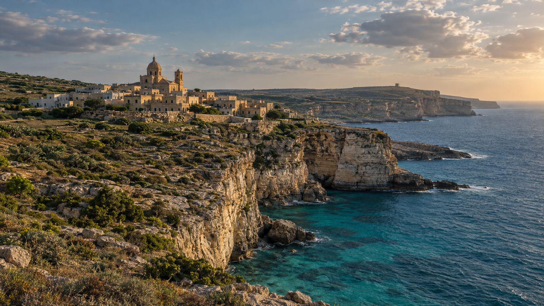 Gozo coastline with limestone cliffs, a hilltop village and church dome above a turquoise sea