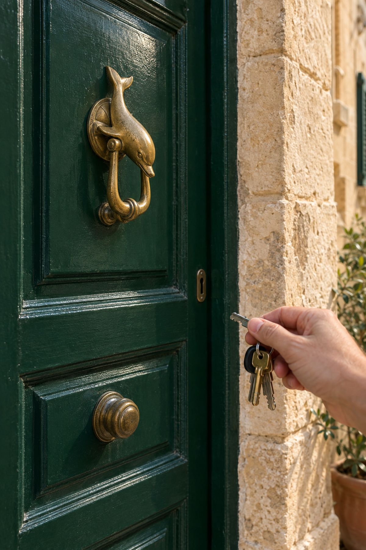 A hand holding keys in front of a traditional dark-green Maltese front door with a brass door knocker
